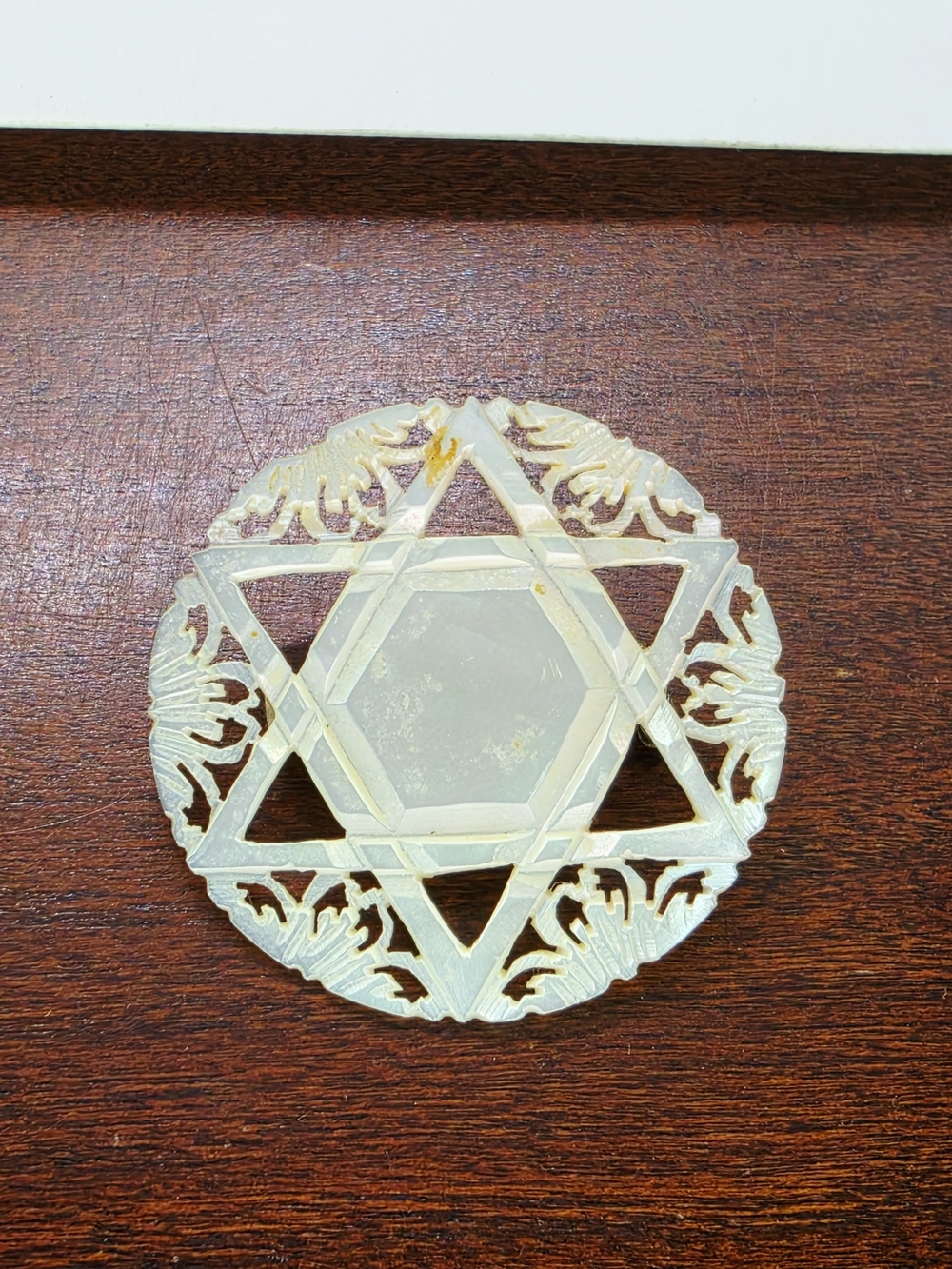 Vtg Bethlehem Mother of Pearl Hand Carved Floral Star Of David 6 Point Brooch